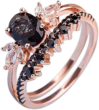 Женски прстени мода црна рутилирана кварц цирц цирцонија прстен сет овален криви во форма на розово злато венчален прстен венчален прстен
