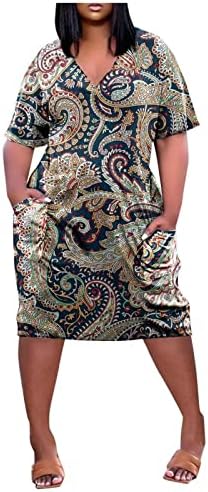 Numaller африкански фустани за жени 2023 година африканска облека колена џеб лабав вклопување V-врат Гроздобер Флорал Макси фустан