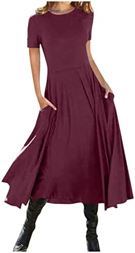 Требин женски моден летен летен солидна боја со кратки ракави џеб фустан за џеб