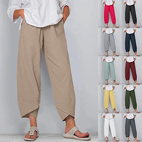 Уфоко Постелнини панталони за жени Еластична половината Обична шипка исечена широка панталони за нозе со џебови