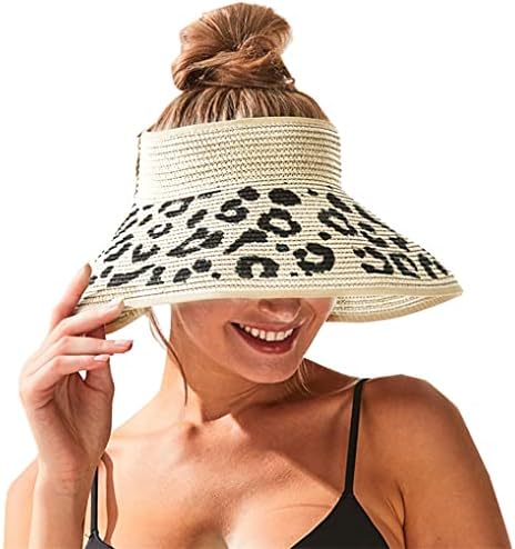 Swhledye жени леопард лак сонце визири широко облога слама ролна конска опашка летна плажа патувања УВ капи