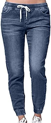 Женски фармерки се протегаат слаби фармерки со двојни панталони со средно-пораст на дното на дното со џебови со должина на глуждот