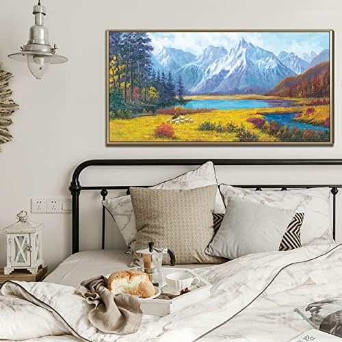 Gracefur Пејзаж сликарство платно wallидна уметност - рачно насликана 3Д снежна планина сина езеро, шарена пејзаж уметност масло сликарство рамка за истегнување слика до