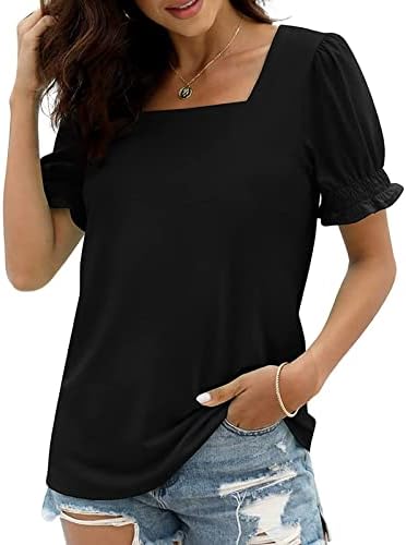 Симпатични летни врвови за жени руфли со ракав, обични маички квадратни врат Основни маички облечени маица лабава вклопена