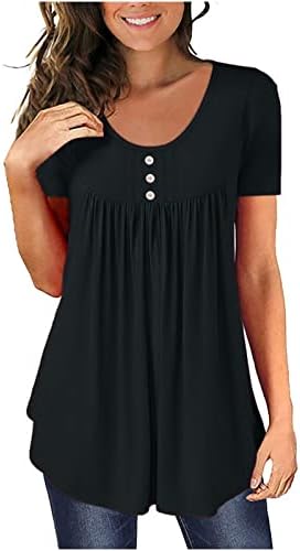 LCEPCY летни обични врвови на туника за жени со копче за вратот со тркалање маички цврсти лабави вклопени блузи со кратки ракави