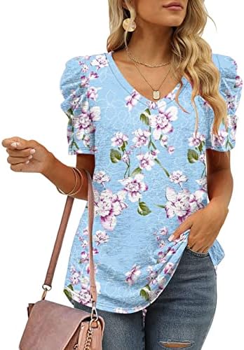 Светло сини жени кратки ракави за кревање длабоко V врат памук графички печати цветни брендови каваи блузи маица маичка за девојчиња