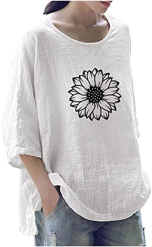 Women'sенски печатен тркалезен врат лабава 3/4 ракав маица пулвер врвови основни туники, модни основни врвови