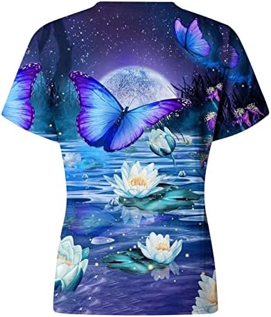 Blенски блузи со кратки ракави, врвови за печатење во пеперутка за жени шарени вратоврска боја кошула екипаж на вратот летни графички маички