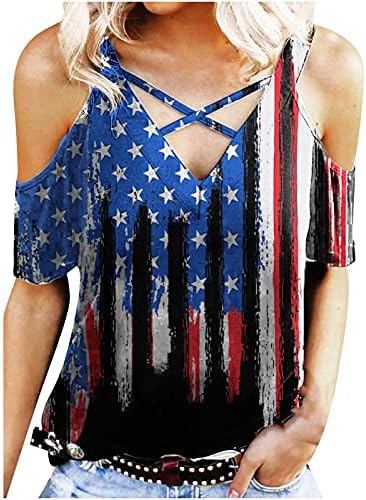 Денот на независноста кошули за жени, женски американски знаме за печатење Туника на врвови кратки ракави против вратот на 4 -ти јули