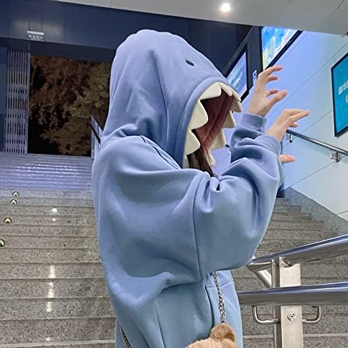 Yemемоцил жени симпатична ајкула худи со долг ракав сина каваи, животински ајкула форма со качулка, џемпери, џемпери
