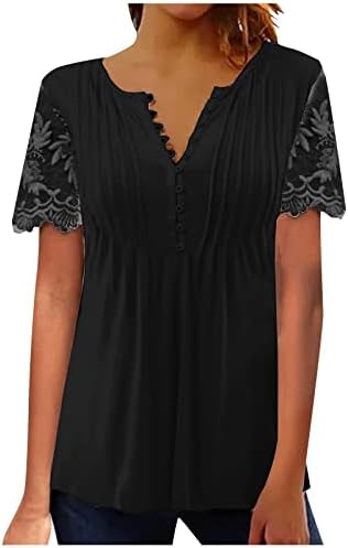 Кошули за жени, лето-вратот за чипка со чипка со кратки ракави со кратки ракави модни ребрести врвови на врвови на копчиња за печатење
