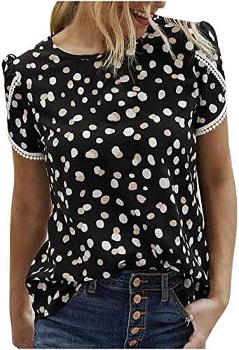 Womenените кошули облечени обични ливчиња со кратки ракави чипка за чипка на врвови од пол -точки печатени екипаж вратот пулвер маички блуза