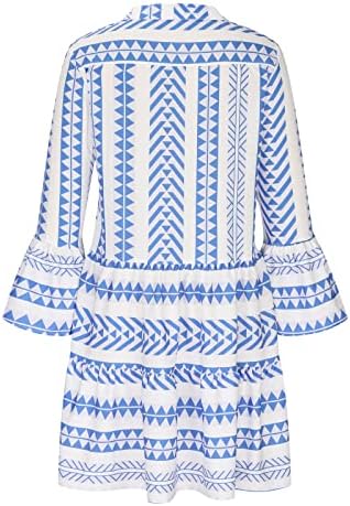 Fehlegd Обични фустани на плажа за жени против вратот 3/4 bellвончиња геометриски ленти печати лето лабава пулвер краток мини фустан