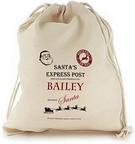 Персонализирана торба за влакнести бури со XMAS Santa Express Post Post Print, еднократно, вреќа за влечење на Божиќ, прилагодено со име/иницијали/текст,