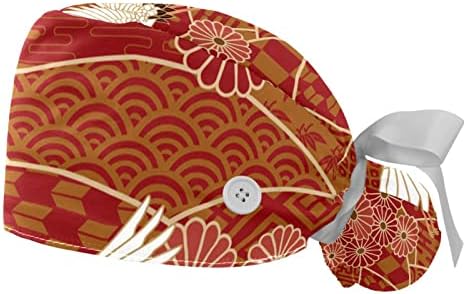 Медицински капачиња за жени со копчиња долга коса, 2 парчиња прилагодливо работно капаче, кранови хризантеми јапонски традиционални црвени