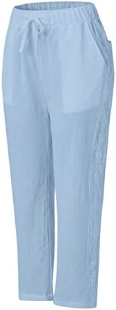 Женски постелнини панталони шик странични шупливи искривени харем панталони, обични постелнини капри панталони Бохо летни панталони со плажа со џебови