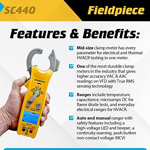Fieldpiece SC440 Вистински мерач на стегач на RMS со температура, струја на вметнување, капацитивност и осветлување на задното
