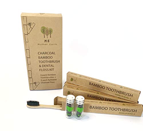 Me.motherearth Премиум јаглен природен бамбус четка за заби и еко -биоразградливо конец | 6-пакет комплет | Веган | Стаклен