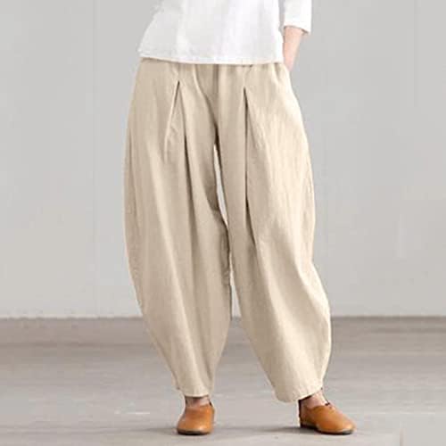 2023 година Нови постелнина панталони за жени, обични лабави харем широко нозе Палацо јога палацо лето трендовски баги панталони со џебови