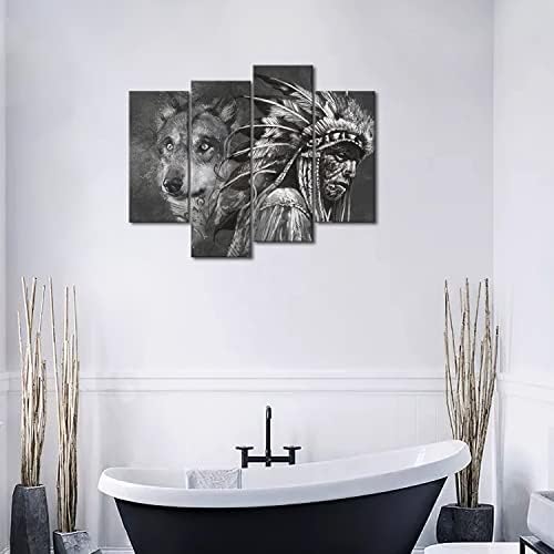 4 панел wallидна уметност црно -бел волк и Индијци кои ја сликаат сликата печатење на платно животни слики за домашно украсување за украсување
