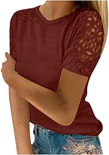 Женски симпатична чипка блуза врвна летна кратка ракав чипка шуле од обични маици со тркалезен врат вино