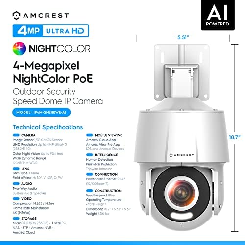 Amcrest 4MP на отворено PT PT AI IP камера тава за навалување на безбедноста на безбедноста, хумано откривање, 98ft Night Vision, Tripwire