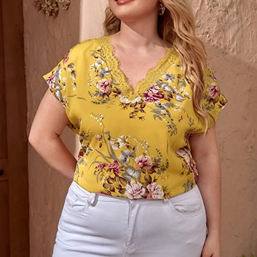 Лето плус големина врвови жени трепкање чипка V вратот маица обични цветни печатени блузи лабави вклопуваат удобни основни