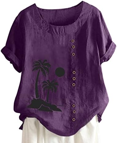 Женски памучни постелнини врвови обични облечени блузи летни тркалачки маички со кратки ракави за печатење на ракави, лабава кошула