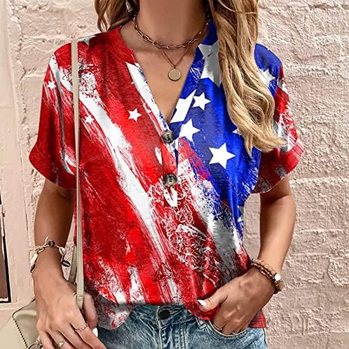 Американско знаме маица жени 2023 година во САД Starвездени ленти 4-ти јули кошули со летни врвови копче V вратот Основни врвови
