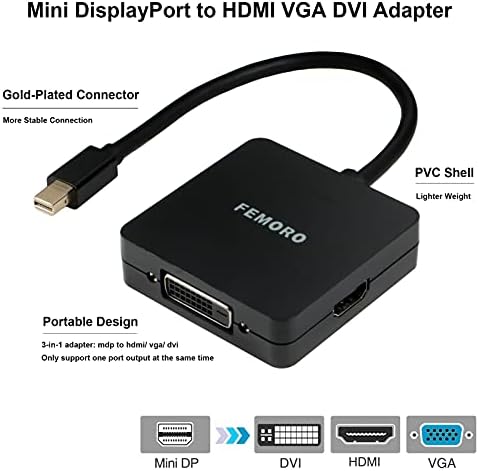 Femoro Mini DisplayPort на HDMI VGA DVI адаптер, 3 во 1 мини приказ на DP VGA DVI HDMI конвертор за iMac, MacBook Pro/Air, Surface 3, Surface Pro