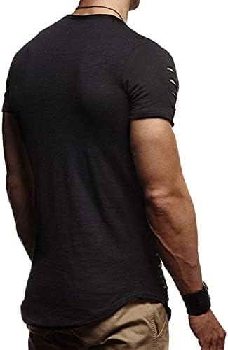 Машка тенок кратки ракави искинати екипаж маица лето искинати мускулни кошули врвови на маица со кратки ракави маица