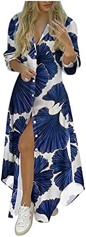 Fragarn Boho Maxi Фустани за жени 2022 пролетно лето со долг ракав копче надолу по сплит фустан трендовски графички обичен замав