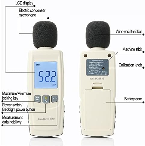 Инструмент за мерење на бучава WSSBK DB метар 30 ~ 130DB мини аудио звук мерач на мерач на децибела за дијагностичка алатка паметен сензор