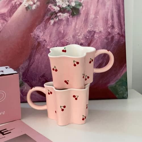 Fpace Women Girls Девојки од розова цветна форма цреша керамичка кафе кригла чаша 350ml/12oz симпатична новинска гроздобер подарок