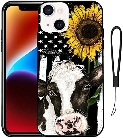 Симпатична естетска дизајнирана за iPhone 14 плус случај Американско знаме Сончогледи од крави, компатибилни со iPhone 14 Plus заштитен