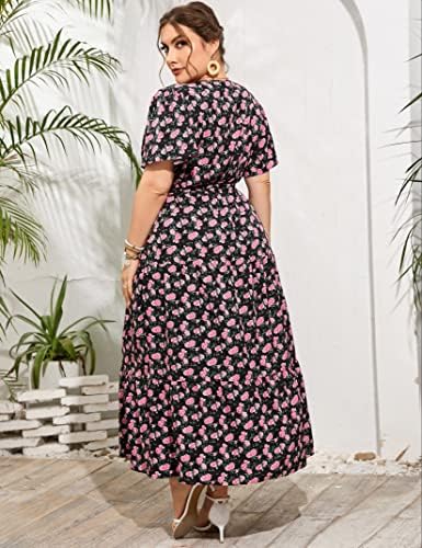 ShopWonder Womens Plus Големина V Вратот на вратот Макси фустан со висока половината, летен обичен фустан со појас