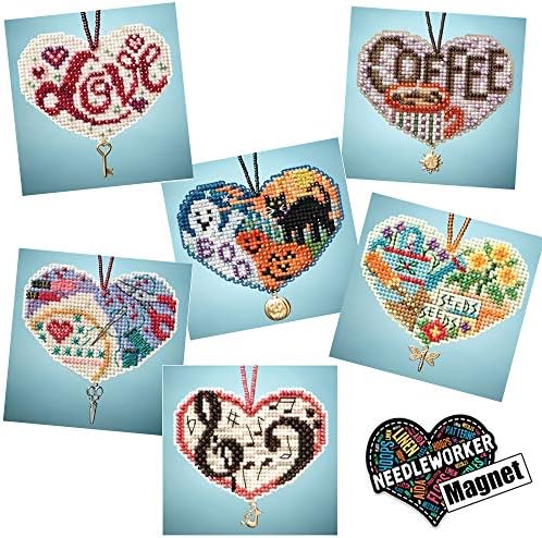 Loveубовни срца со брадавици со броеви на вкрстени бод, сет од 6 - Мил Хил Шармиран украс за украси 2013 година - Плус Декоративен магнет за игли