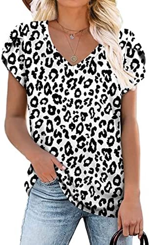 Womenенски летен есен маица краток ракав v врат памучен графички бранч лабав вклопување опуштена вклопна маица за девојки здраво