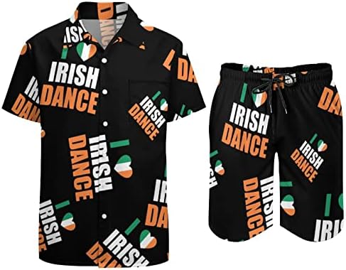 Baikutouan сакам ирски танц машки 2 парчиња хавајски кошула одговара на секојдневно лабаво копче надолу и шорцеви на плажа облека за одмор