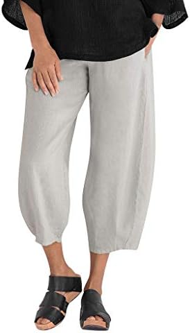 Fehlegd обични исечени панталони за жени летна цврста боја памучна постелнина еластична половината лабава удобна широка нозе панталони со џеб