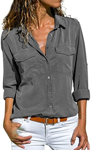 Сатенска јака од блуза цврста обична долга предна ракав свртете го врвот надолу по женски џебови кошула копче Туника РАГЛАН