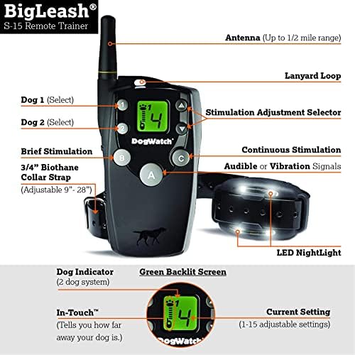 Dogwatch S -15 Bigleash Dog Remote Training Culle - 1/2 милји опсег, 15 нивоа на статичко стимулирање на обука, вибрации и тон, индикатор за
