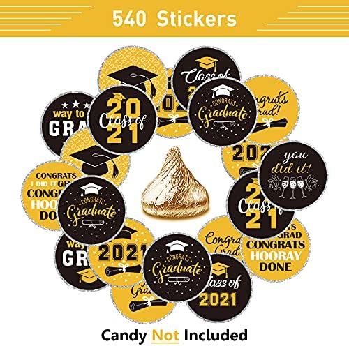Whaline 540pcs Налепници за дипломирање 9 Дизајн на честитки за степени на забава етикети со црно злато третман торби за кружни етикети за етикета