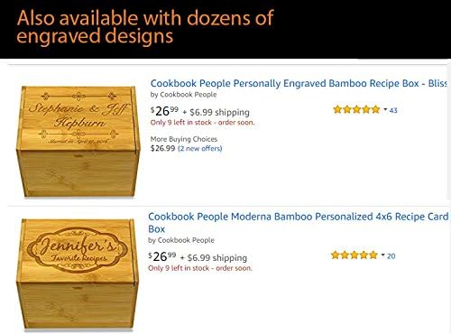 Книга за готвење луѓе 4x6 дрвена кутија за рецепти бамбус дрво обичен капак - до 300 картички - вклучува делители