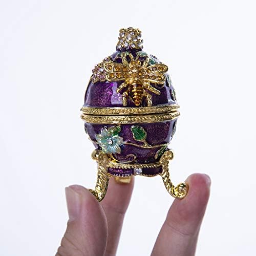 Faberge јајце кутии со јајце, завиткани со кристално накит, украсен украс за украси за накит, кутија за рачно насликана пчела цветна шема