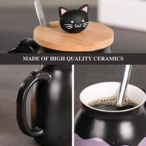 Yueshico withy cafe chigh - Вештерка керамичка кафе чаша со црна мачка бамбус капаче од не'рѓосувачки челик лажица, новите утрински