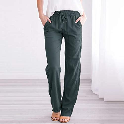 Женски обични панталони цврсти панталони со права нозе Постелнини со високи половини лабави панталони опуштени удобни памучни панталони