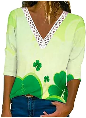 Денот на Денот на Свети Патрик за жени Шамок Флорални врвови на капчиња чипка V вратот 3/4 маички со ракави лабави пулвер со