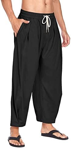 HTHLVMD машки памучни панталони со панталони обични баги панталони лабави постелни хипи панталони