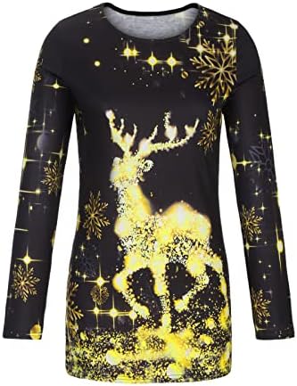 Грди Божиќни Врвови Женска Божиќна Мода Секојдневно Печатење Со Кружен Врат Блуза Со Долги Ракави Xmas_Tops